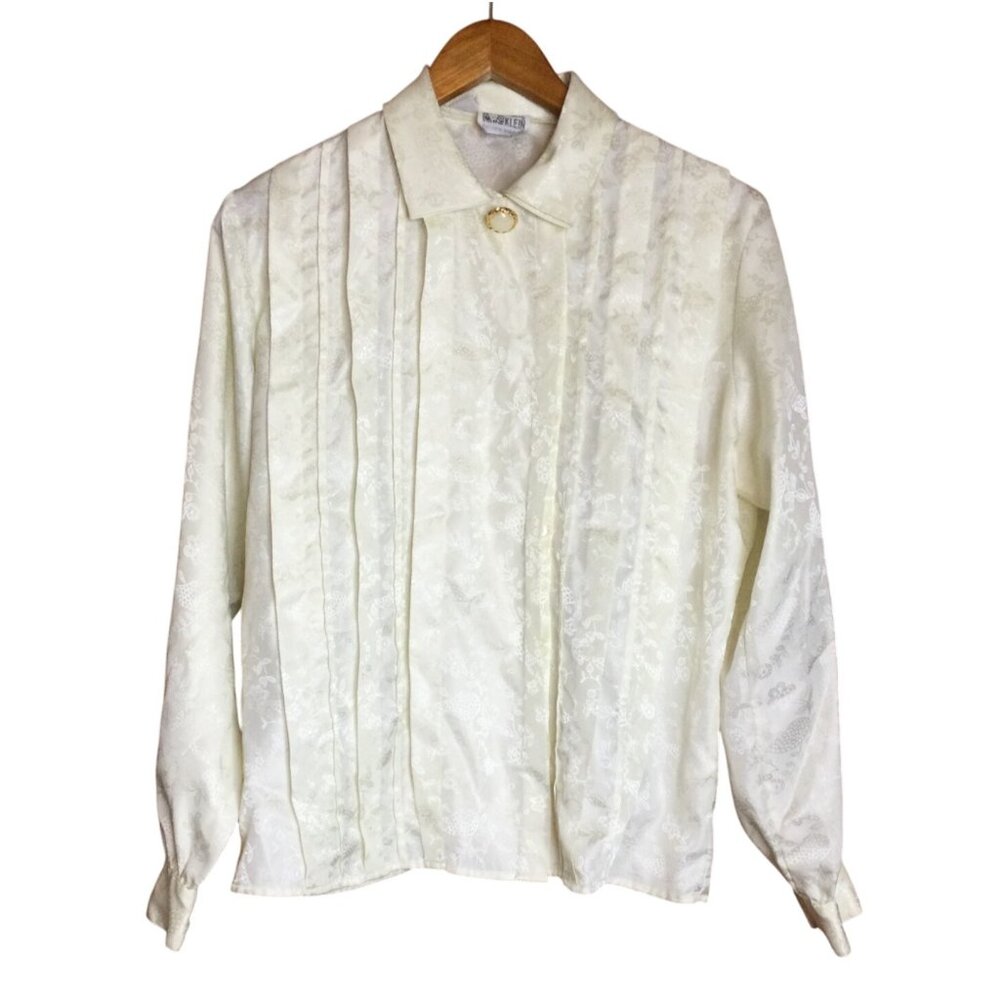 VTG Anne Klein Womens Ivory Jacquard Blouse Size 10 Gold Button Long Sleeve Top